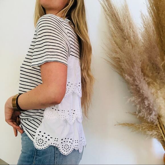 JOIE White Blue Striped Ruffle Tiered Eyelet Lace Back Tee Shirt Relaxed Top S - Picture 1 of 10